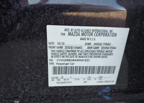 2010 Mazda Mazda6 I Sport from USA, damaged, VIN 1YVHZ8BH8A5M41223